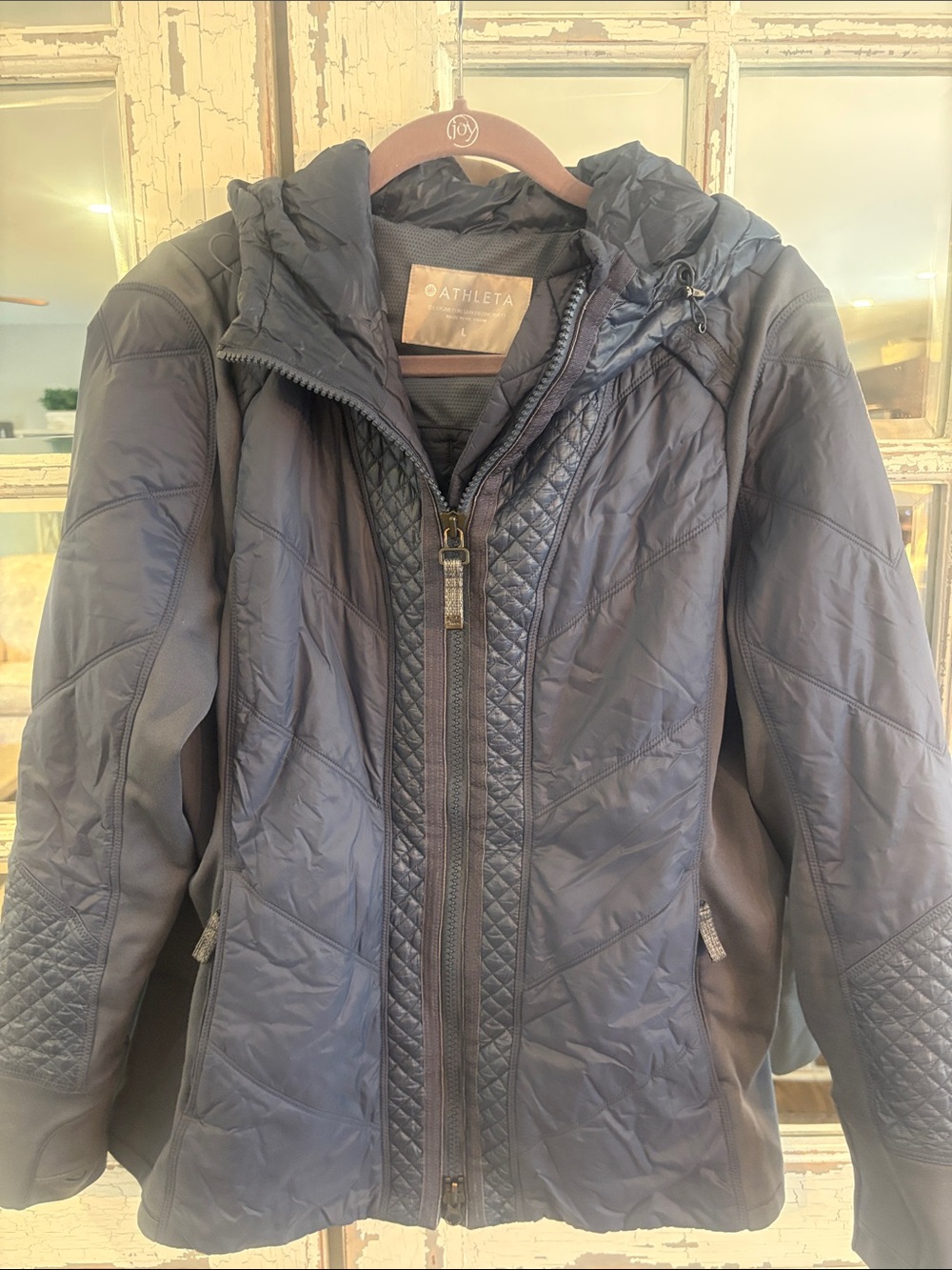 Athleta Quilted Hooded Puffer Jacket in Steel blue